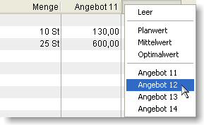 Kontextmenü im Dialog Angebotsauswahl